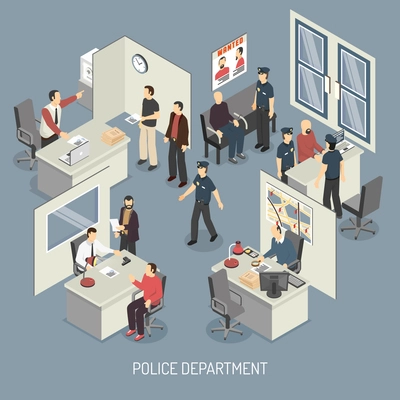 Police department isometric composition with policemen visitors arrested persons interrogation office interior on blue background vector illustration