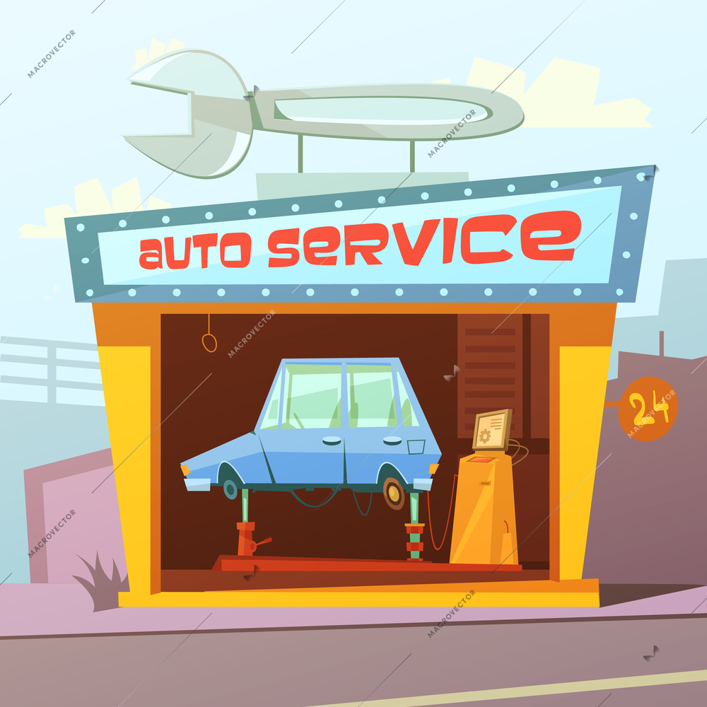 Auto service building cartoon background with car inside vector illustration