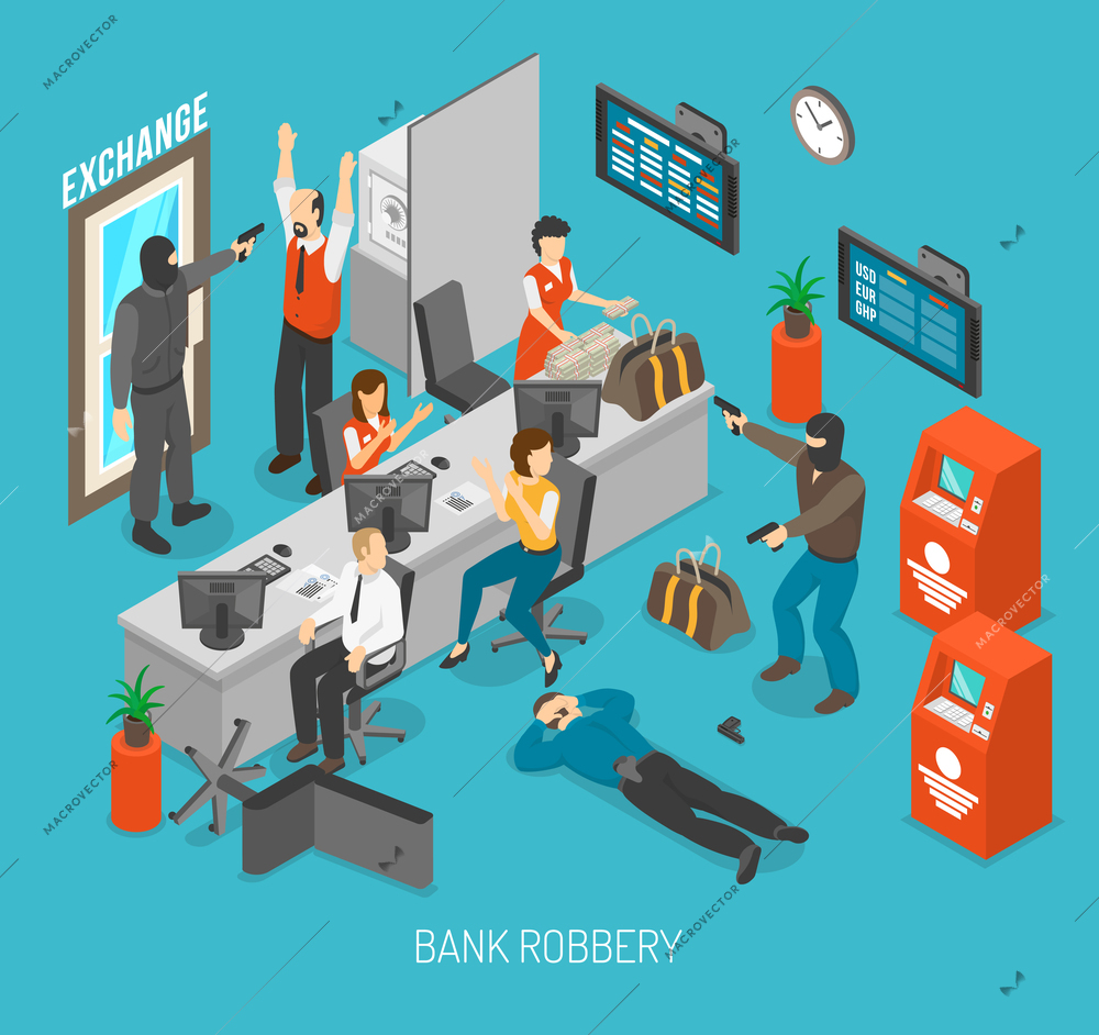 Bank Robbery Concept. Bank Robbery Design. Bank Robbery Isometric Illustration. Bank Robbery Vector.