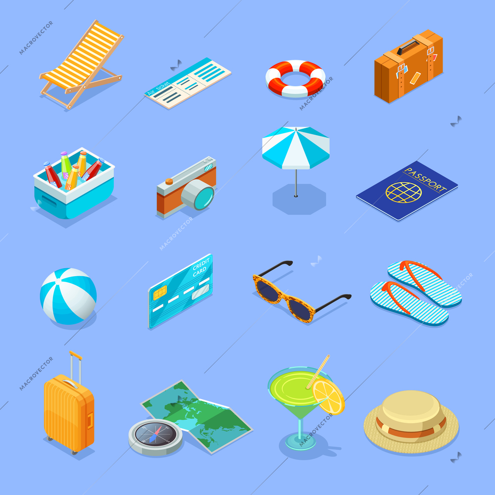 Summer vacation travel vintage accessories isometric icons collection with sunglasses straw hat and suitcase isolated vector illustration