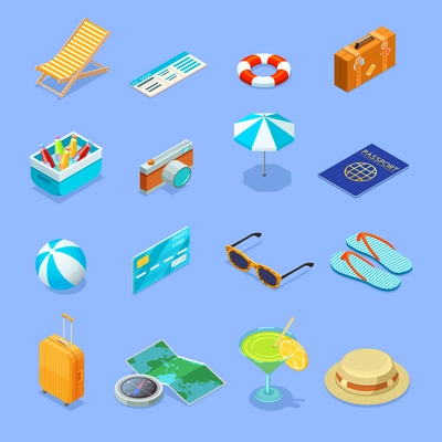 Summer vacation travel vintage accessories isometric icons collection with sunglasses straw hat and suitcase isolated vector illustration