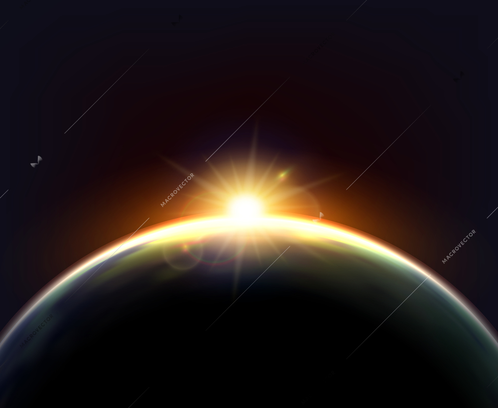 Planet earth cosmic night view with sunshine light on the globe surface astronomic realistic poster vector illustration