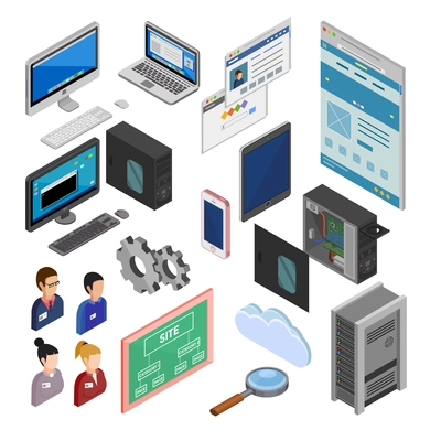 Development isometric decorative icons set with programmers staff site map laptop smartphone system unit isolated elements flat vector illustration