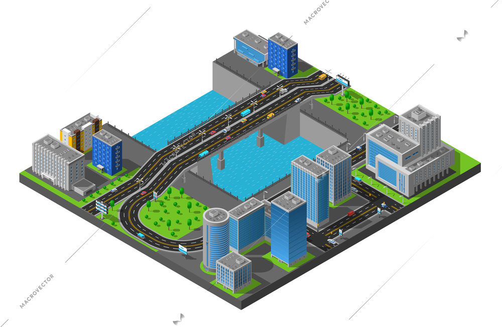 City business center and residential district isometric map with bridge across the river poster abstract vector illustration