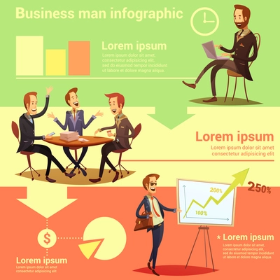 Businessman infographic set with work time and success symbols cartoon vector illustration