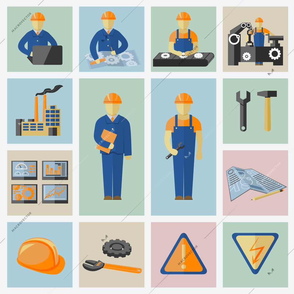 Engineering and construction icons set of workers tools computer data safety and warning vector illustration