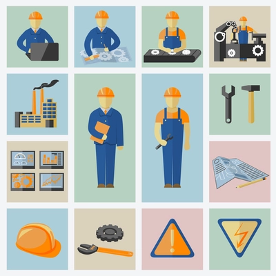 Engineering and construction icons set of workers tools computer data safety and warning vector illustration