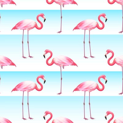 Pink flamingo bird standing on one and two legs horizontal ocean blue stripes seamless pattern vector illustration