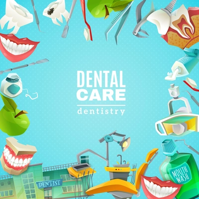 Complete mouth care dentals clinics comprehensive flat square frame background poster abstract decorative vector illustration