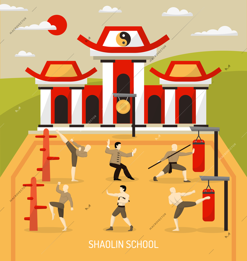 Chinese temple martial arts composition with workout of fighters at combat skill school at outdoor  vector illustration