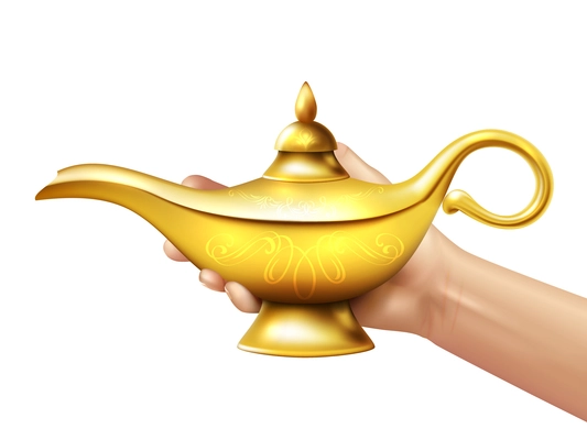 A person holds in his hand realistic golden lamp of Aladdin on white background vector illustration