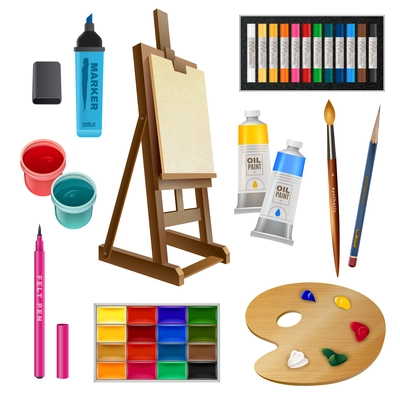 Artistic decorative elements of tools and art supplies with easel palette paints brush and pencil isolated vector illustration