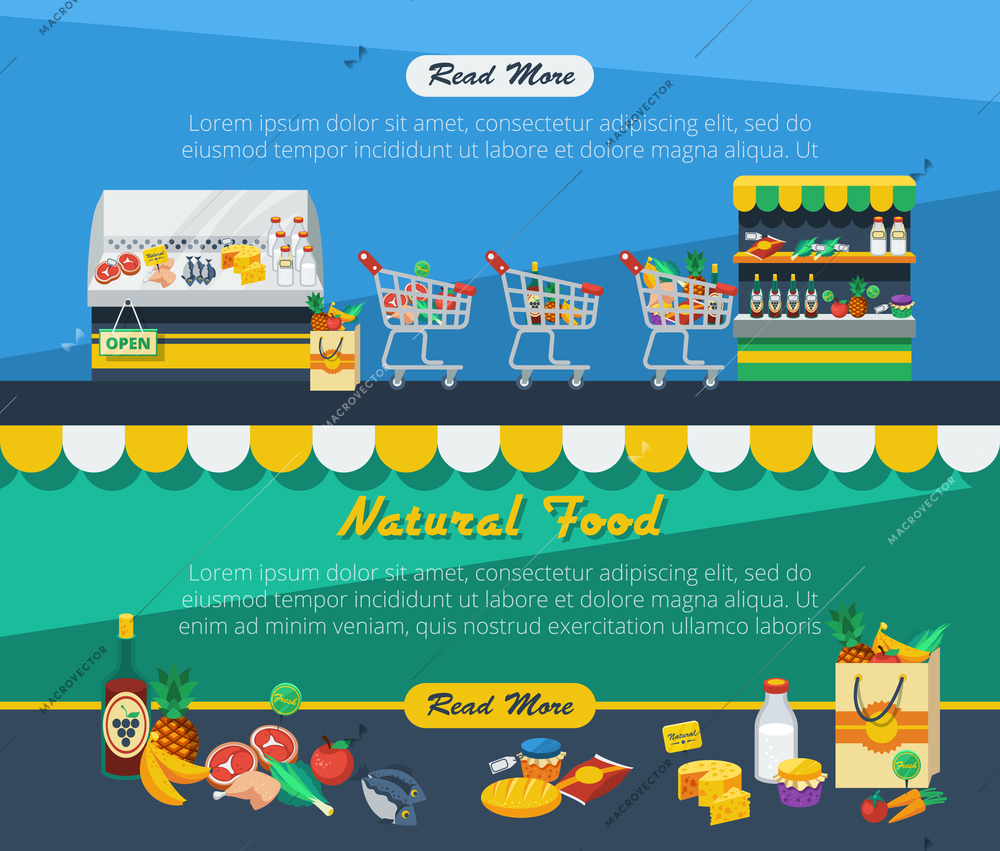 Supermarket flat horizontal banners with store interior and advertising of natural food products vector illustration