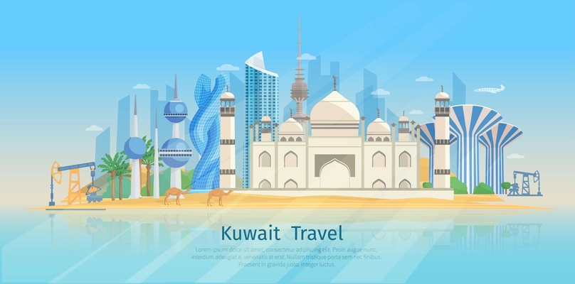 Kuwait skyline flat poster with awesome traditional buildings on the sea shore vector illustration