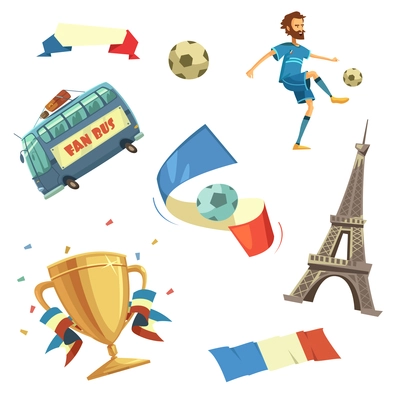 Football championship in France retro style decorative icons set isolated vector illustration