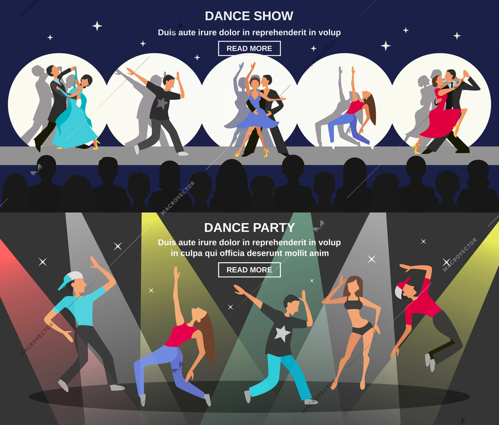 Color flat horizontal banner depicting figure of dancing people at party or show vector illustration