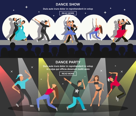 Color flat horizontal banner depicting figure of dancing people at party or show vector illustration