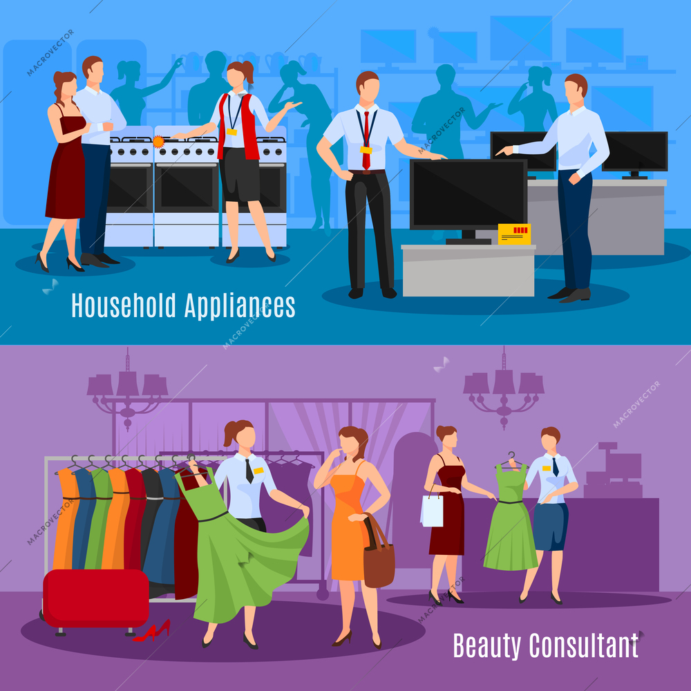 Communication of sellers with customers compositions with choice of clothes and household appliances isolated vector illustration