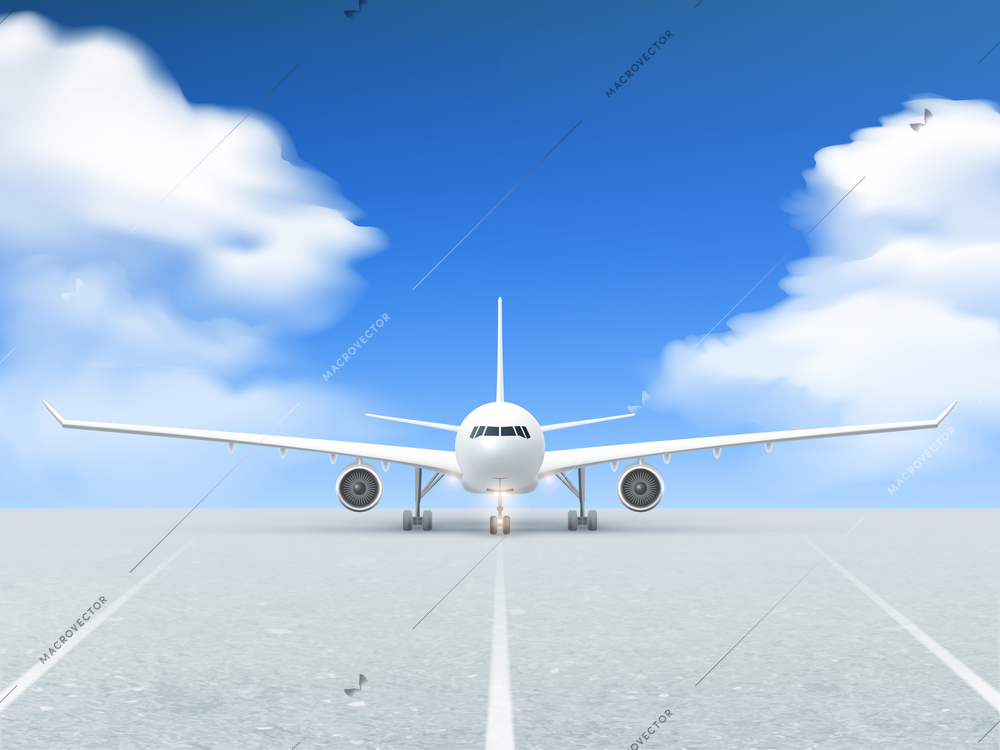 White plane prepares to take off from the runway poster at a realistic blue background and pavement vector illustration