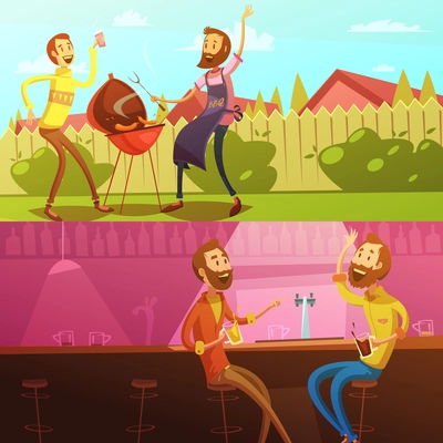 Friends having rest horizontal  banners set with barbecue and bar cartoon isolated vector illustration