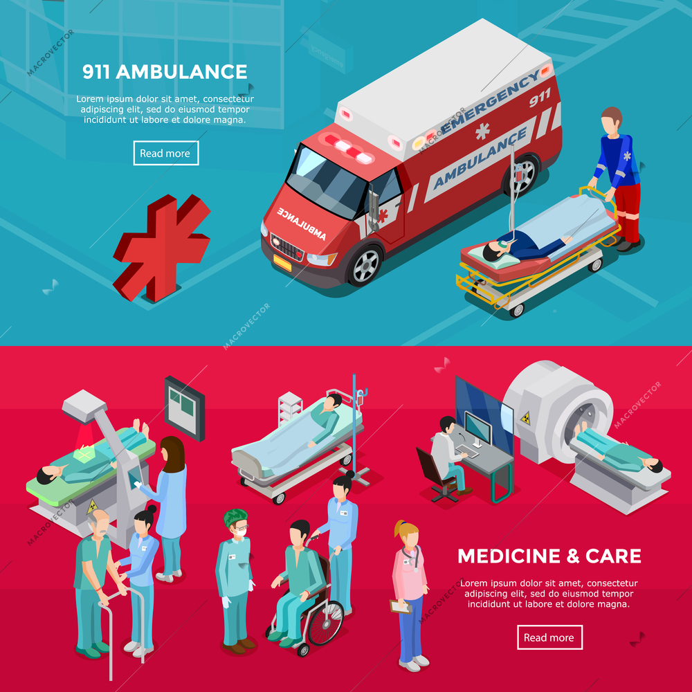 Two isometric hospital horizontal banners with medical staff diagnostic equipment ambulance car feldsher and gurney with patient flat vector illustration