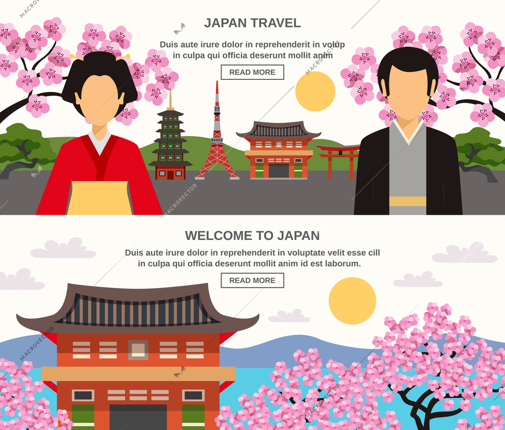 Japanese traditions food and lifestyle information for travelers 3 flat horizontal banners set abstract isolated vector illustration