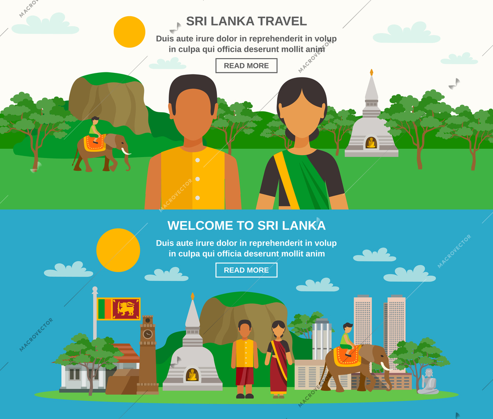 Color flat horizontal banner about Sri Lanka culture and travel in the country vector illustration