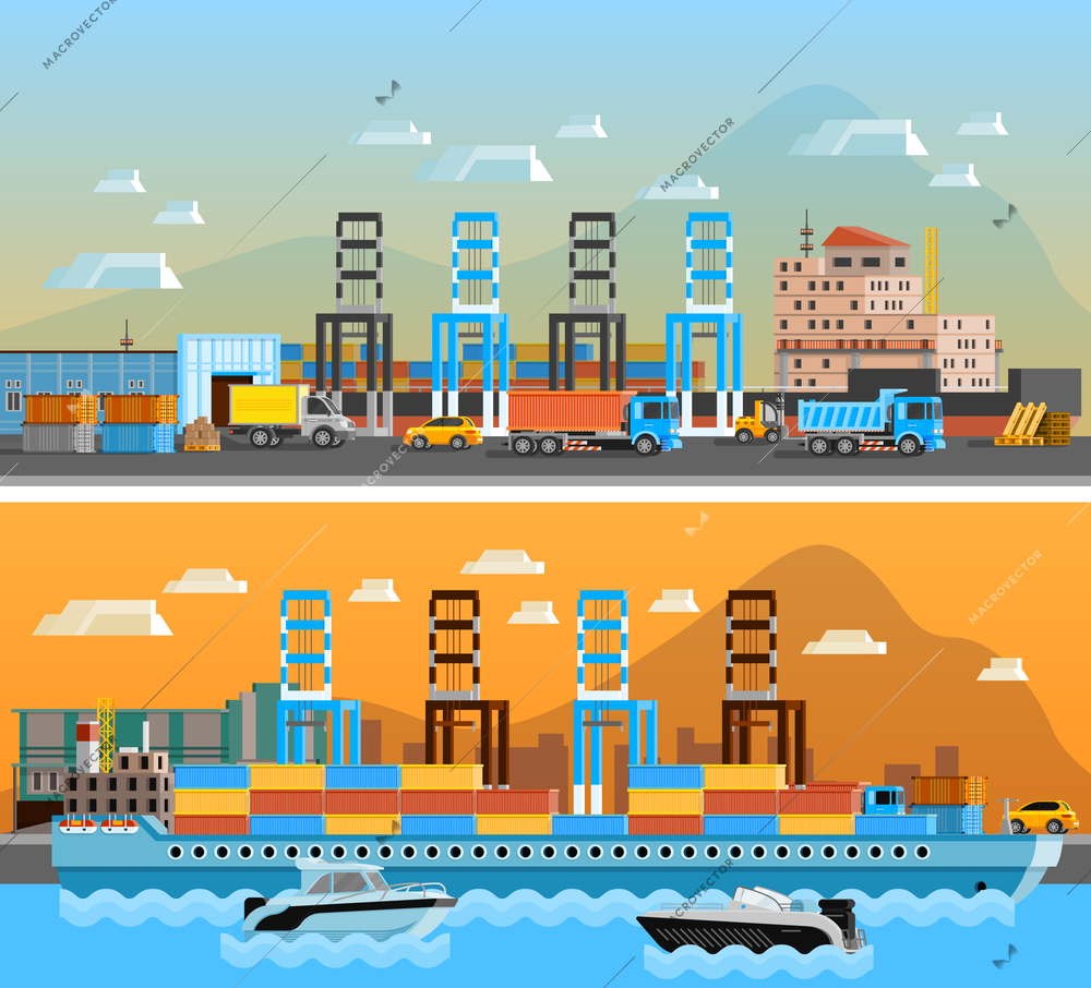 Two freight port horizontal banners with dry cargo ship at shipyard and port of loading and unloading with trucks flat vector illustration