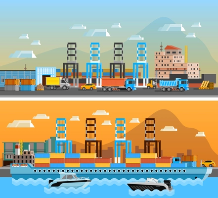 Two freight port horizontal banners with dry cargo ship at shipyard and port of loading and unloading with trucks flat vector illustration