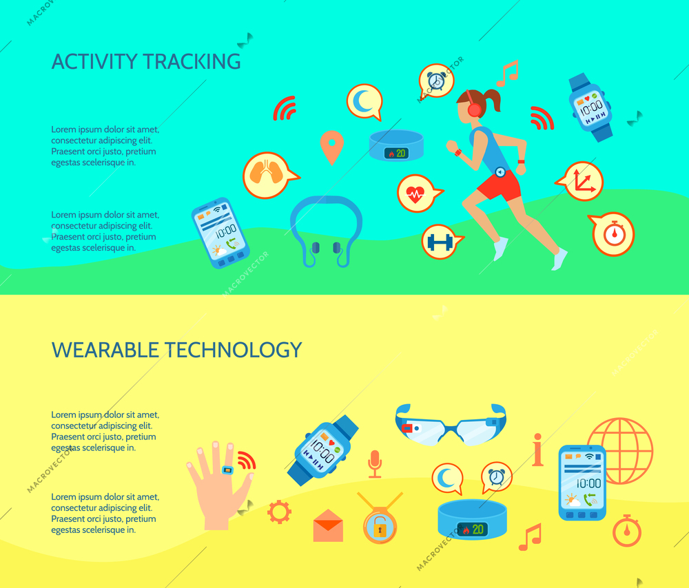 Wearable Technology Flat Concept. Wearable Technology Compositions. Wearable Gadgets Horizontal Banners. Wearable Gadgets Vector Illustration. Wearable Gadgets Isolated Set. Wearable Gadgets Design Symbols.