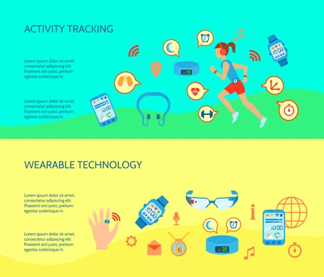 Wearable Technology Flat Concept. Wearable Technology Compositions. Wearable Gadgets Horizontal Banners. Wearable Gadgets Vector Illustration. Wearable Gadgets Isolated Set. Wearable Gadgets Design Symbols.