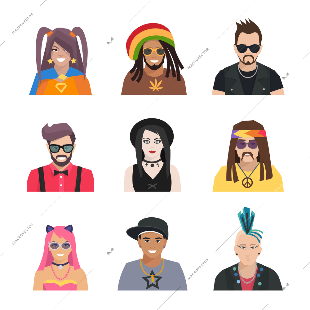 Different subcultures portrait people in flat style isolated icons set vector illustration