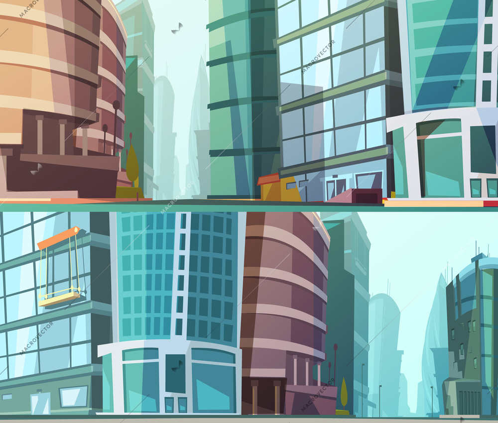 Modern glass walls buildings design street view close up 2 cartoon style banners set abstract vector illustration