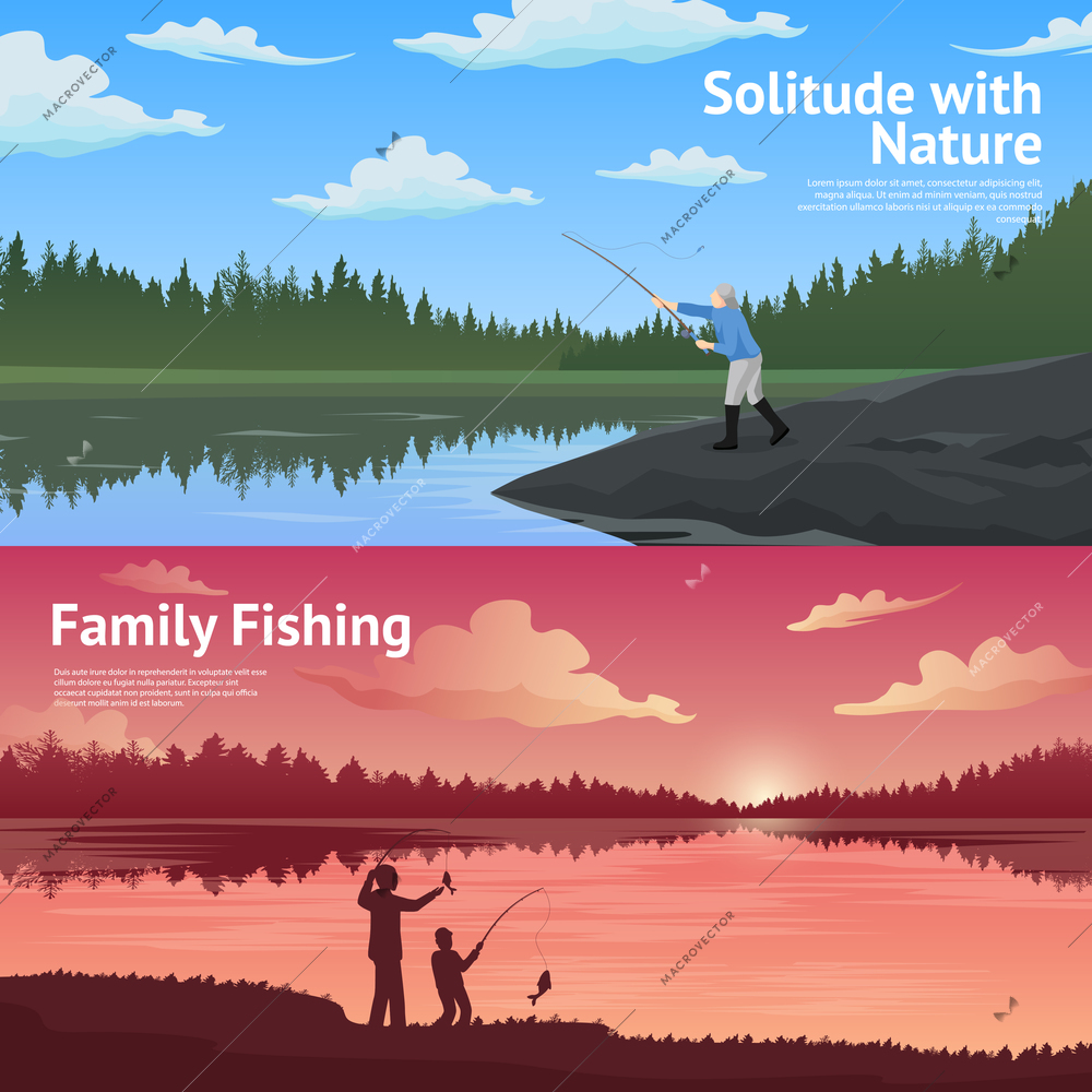 Family fishing in the counryside 2 flat horizontal banners set about outdoor activirties abstract isolated vector illustration