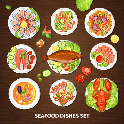 Poster with seafood dishes set of different fishes cancer lobster mussels and squid with vegetables vector illustration