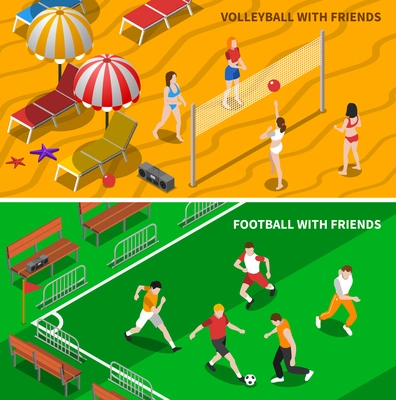 Football and volleyball teams playing playing game with friends 2 isometric banners composition poster abstract isolated vector illustration