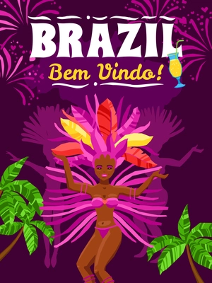 Brazil carnival poster with beautiful brazilian girl in exotic costume dancing samba on purple background vector illustration