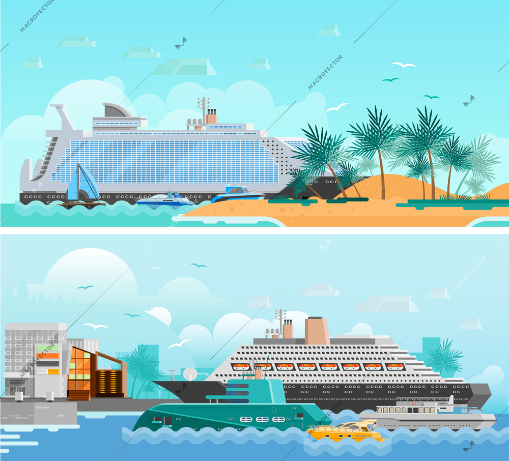 Cruise vacation flat horizontal banners set with passenger liners south beach modern hotels and sailboats vector illustration