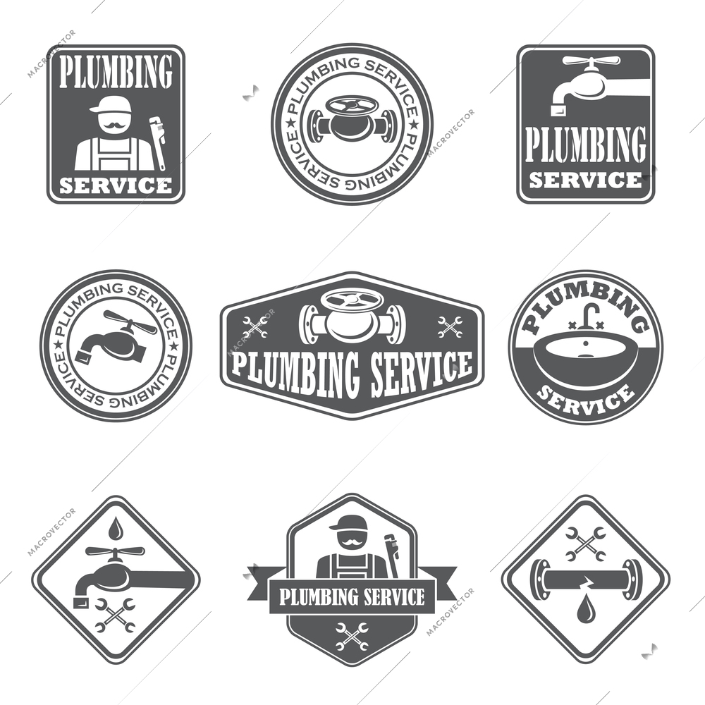 Plumbing service badges with water pipe plumber and tools isolated vector illustration