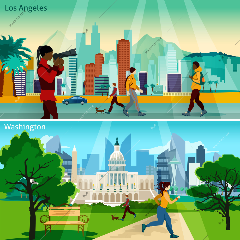 American Cityscapes Flat Concept. USA Sights With People Compositions Set. US Cities Vector Illustration. America And Cities Isolated Set.