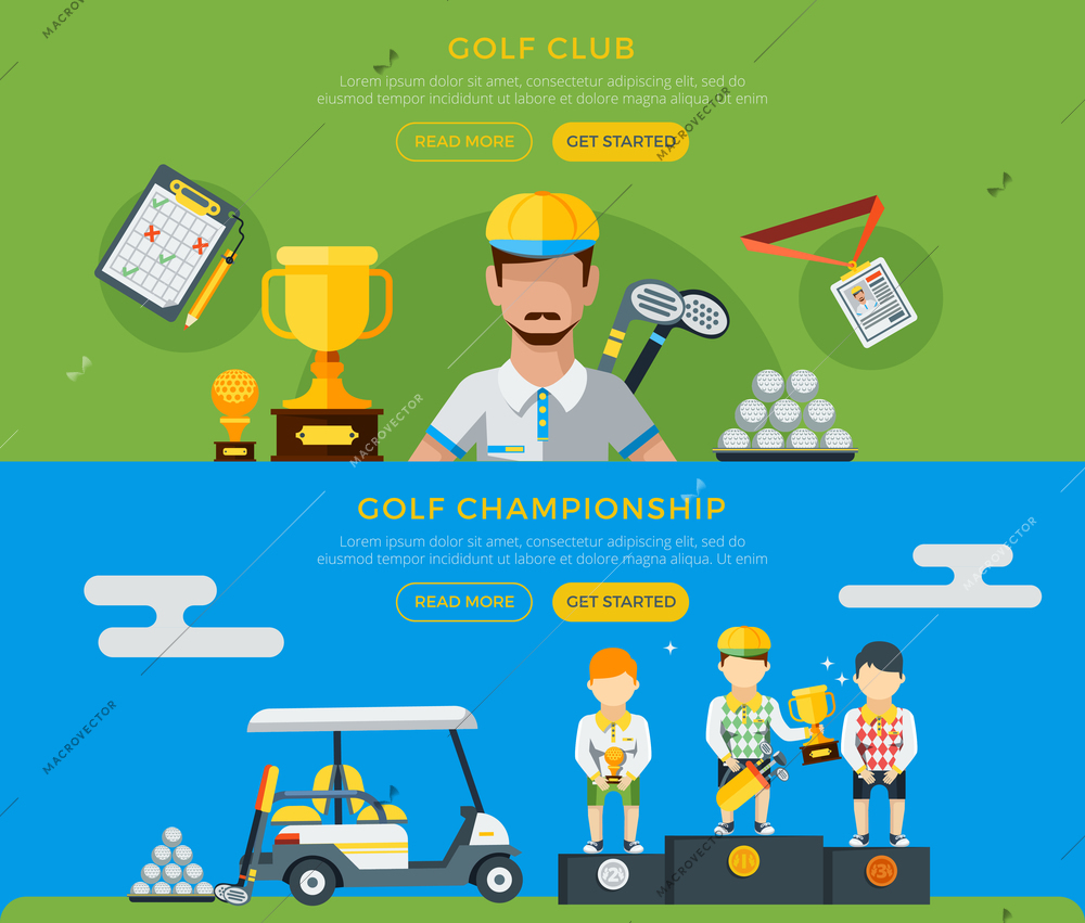 Golf club and championship horizontal green and blue banners with players golf car and equipment flat vector illustration