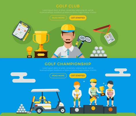 Golf club and championship horizontal green and blue banners with players golf car and equipment flat vector illustration