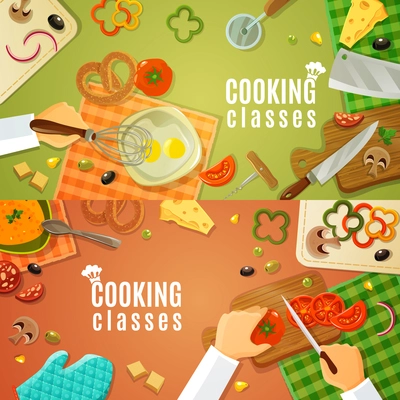 Cooking classes top view with kitchenware and products on kitchen table and chefs hands chopping vegetables on wooden board vector illustration