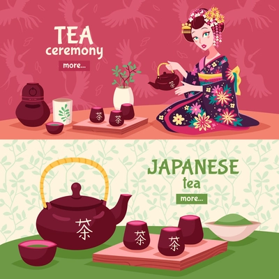 Two horizontal tea ceremony banner set with a woman who pours tea and Japanese tea tradition vector illustration