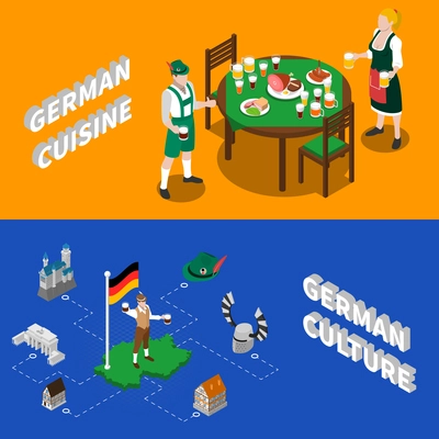 German culture for tourists 2 isometric banners with traditional national cuisine dishes and sightseeing abstract vector illustration