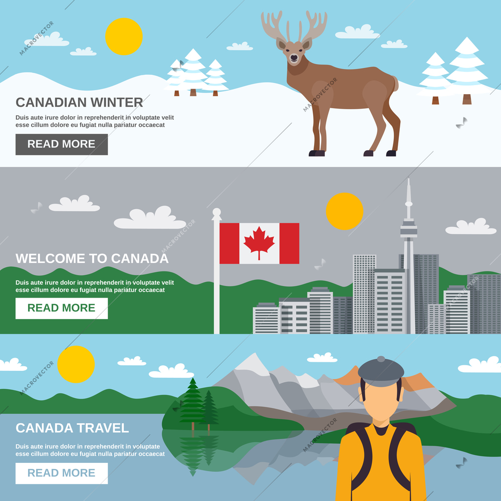 Canada travel horizontal banners set with winter forest architecture hiking among mountains and lakes isolated vector illustration