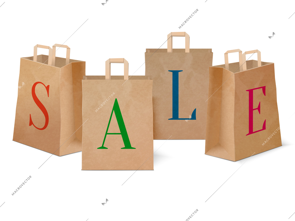 Set of sale discount retail paper shopping bags concept isolated vector illustration