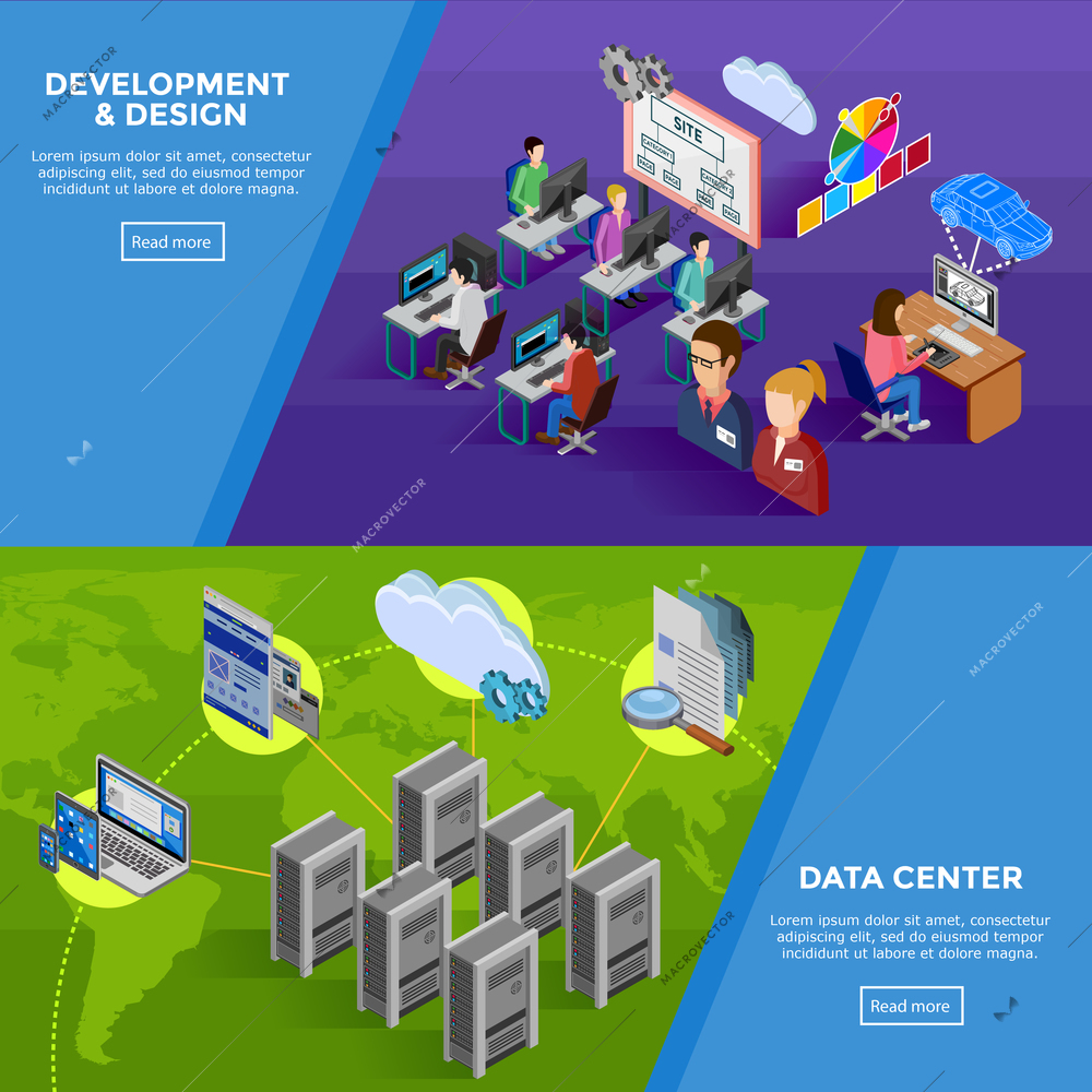 Development isometric horizontal banners with structure of data collection and creative command of developers and programmers flat vector illustration