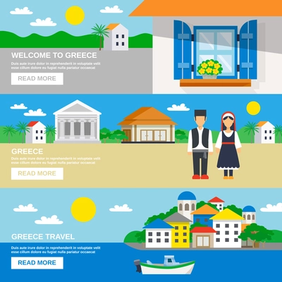 Three horizontal banner set with the Welcome to Greece slogan and decorative landscapes vector illustration