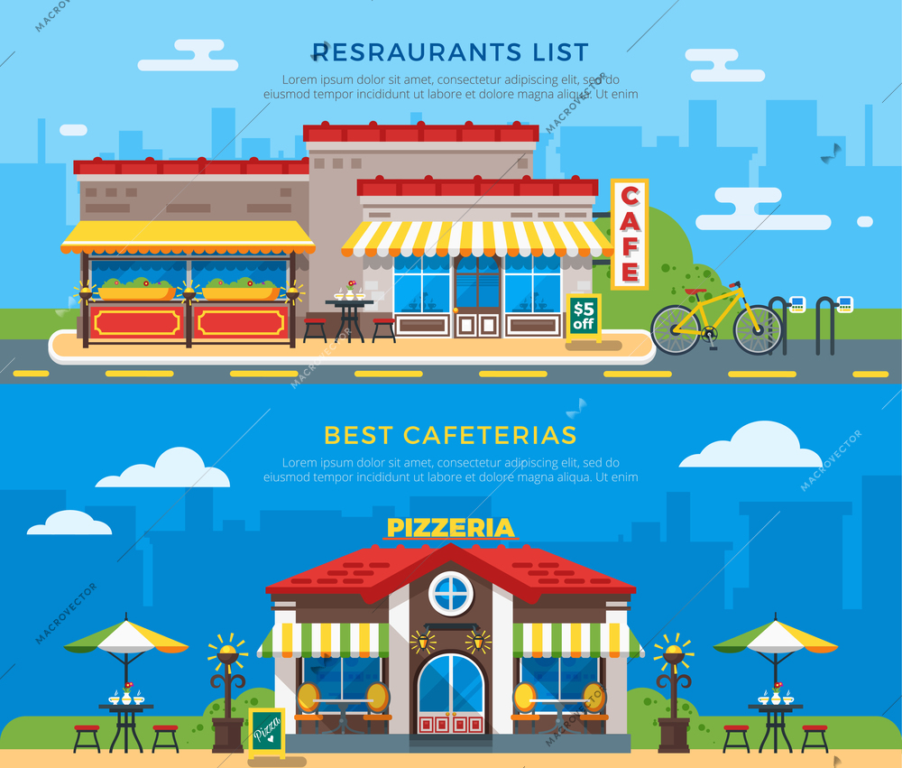 Best cafeterias and restaurants list banners with nice colorful cafe and pizzeria buildings on city background flat vector illustration